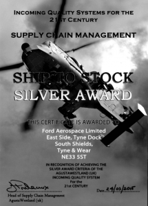 Certificate in recognition of achieving Agusta Westland UK Silver Award